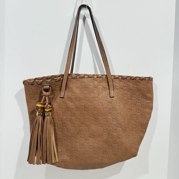Authentic GUCCI Bamboo Guccissima Leather Tote Bag Brown Tassel 218780 - Picture 3 of 14